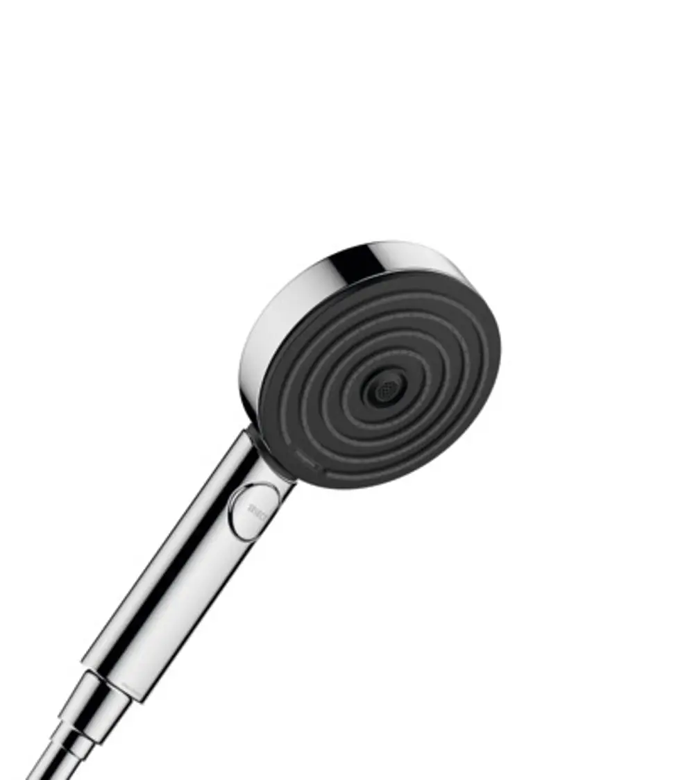Hansgrohe Handbrause mit runder Kopfbrause, schwarzem Gummioberteil und verchromtem Griff, ausgestattet mit einer Select-Taste zur Einstellung der Strahlarten.